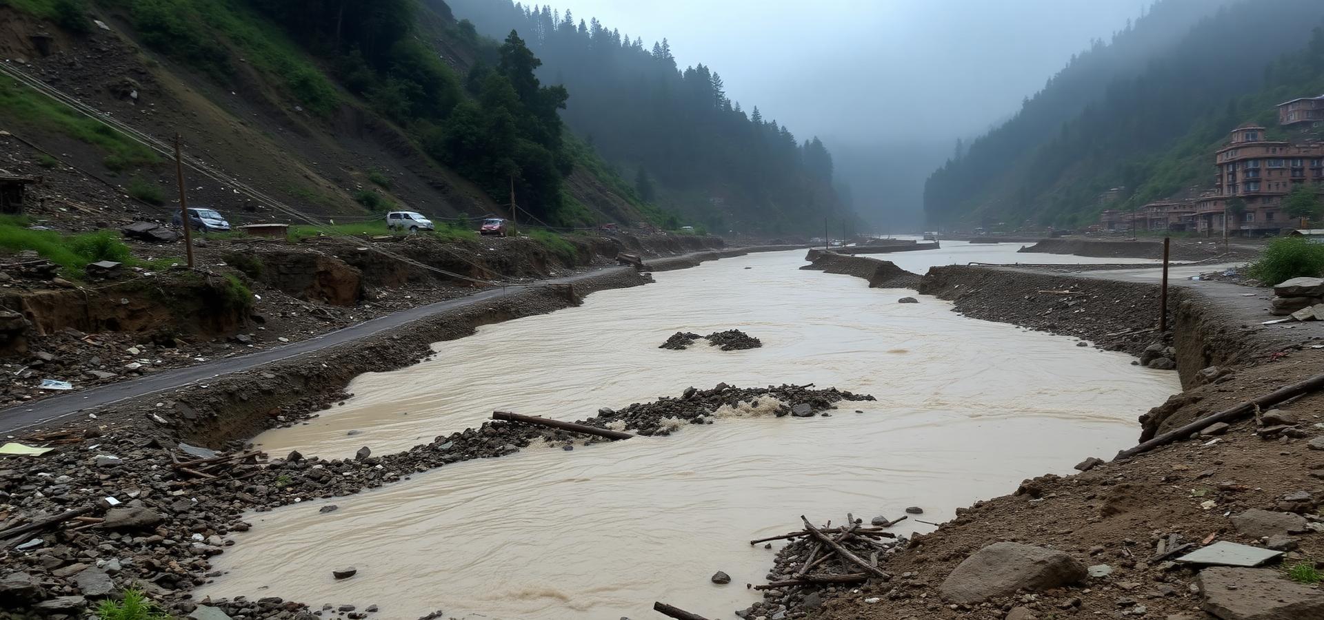 Flooded river valley in Nepal after landslides